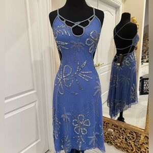Elegant hand, beaded, sapphire‎ Blue short Attitudes by Debra Dress